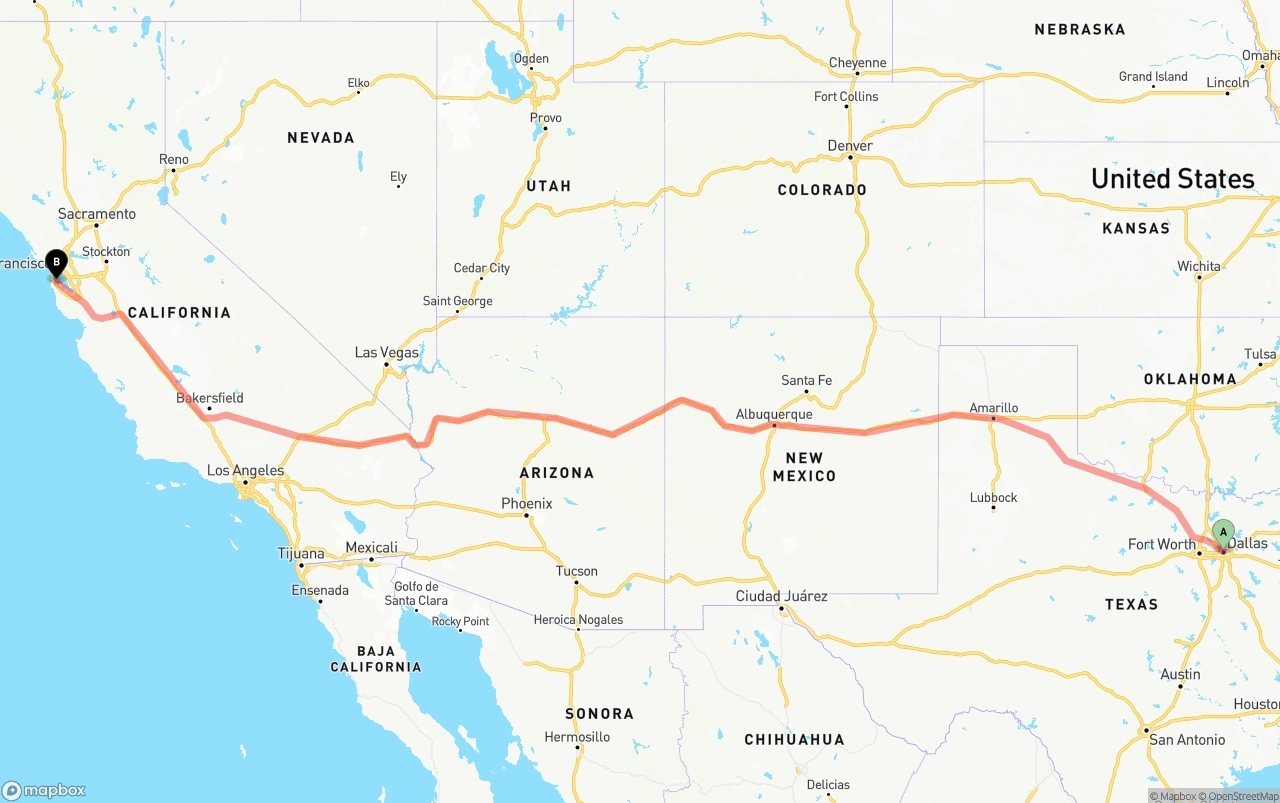 Shipping route from Dallas to San Francisco International Airport