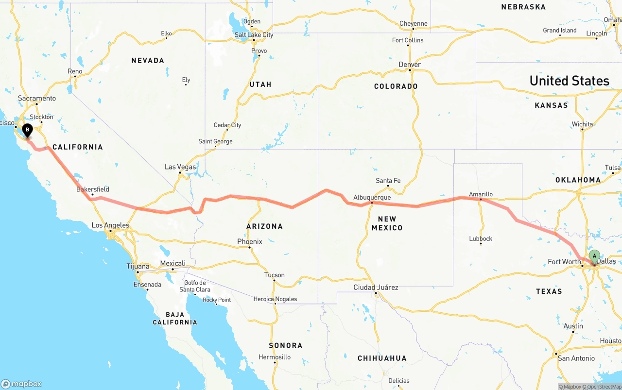 Shipping route from Dallas to San Jose