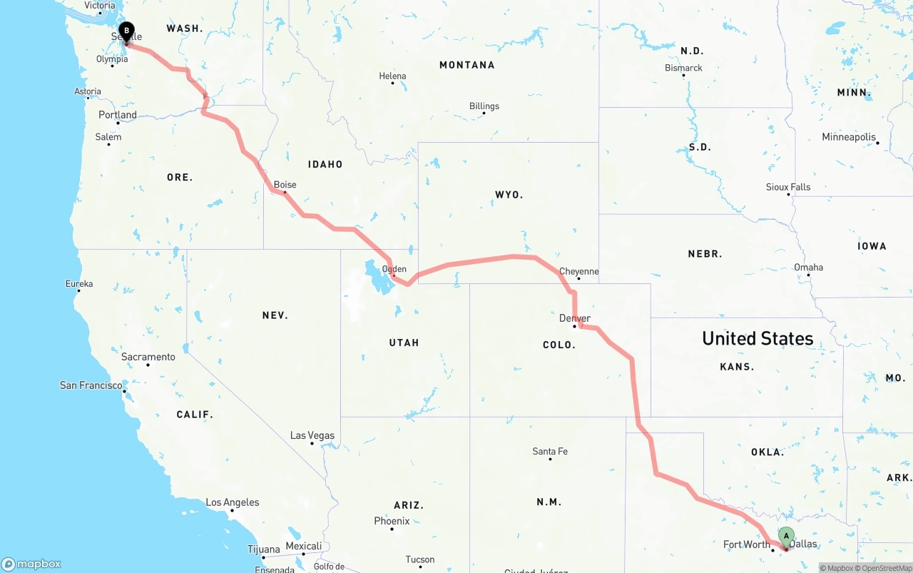 Shipping route from Dallas to Seattle