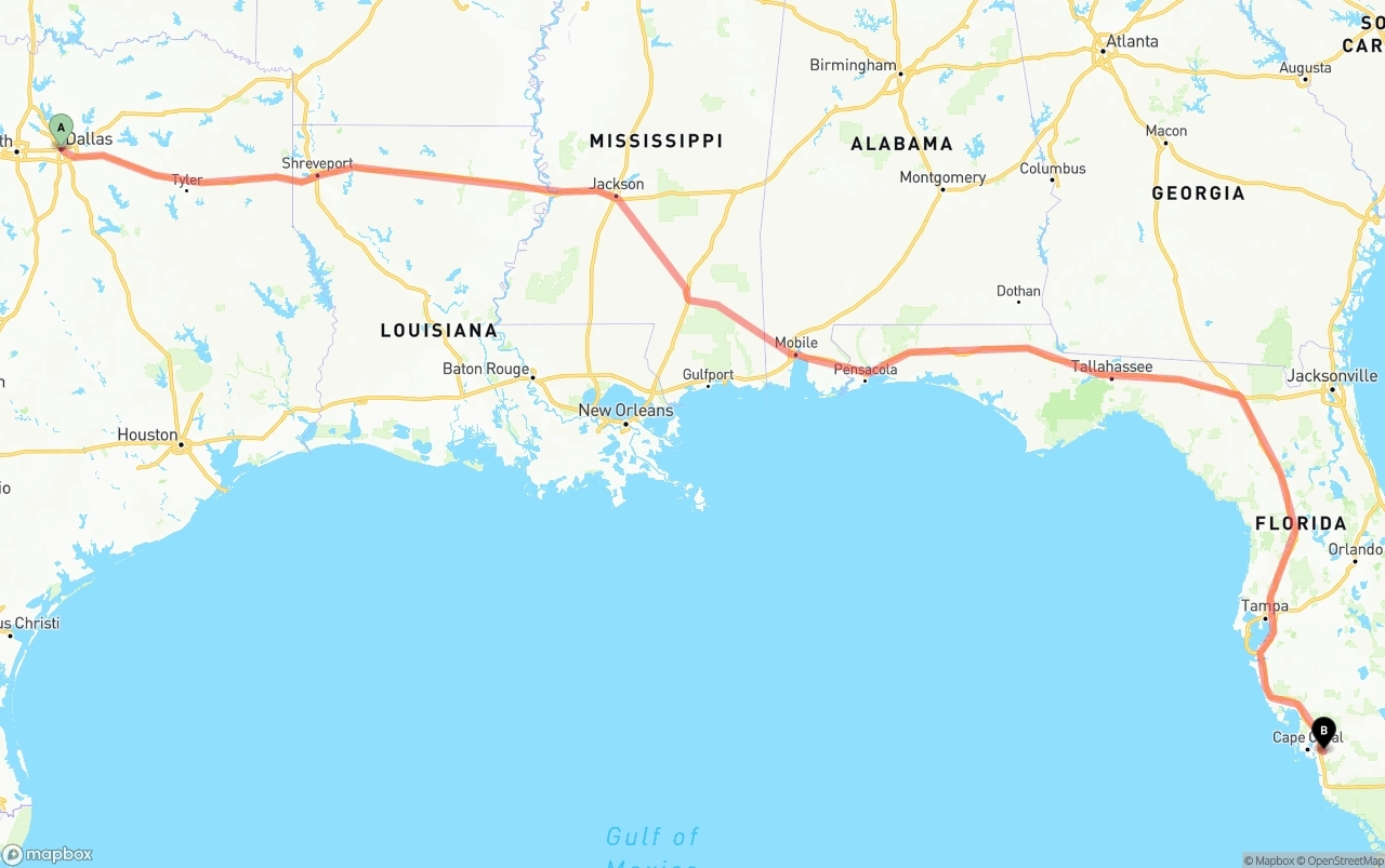 Shipping route from Dallas to Southwest Florida International Airport