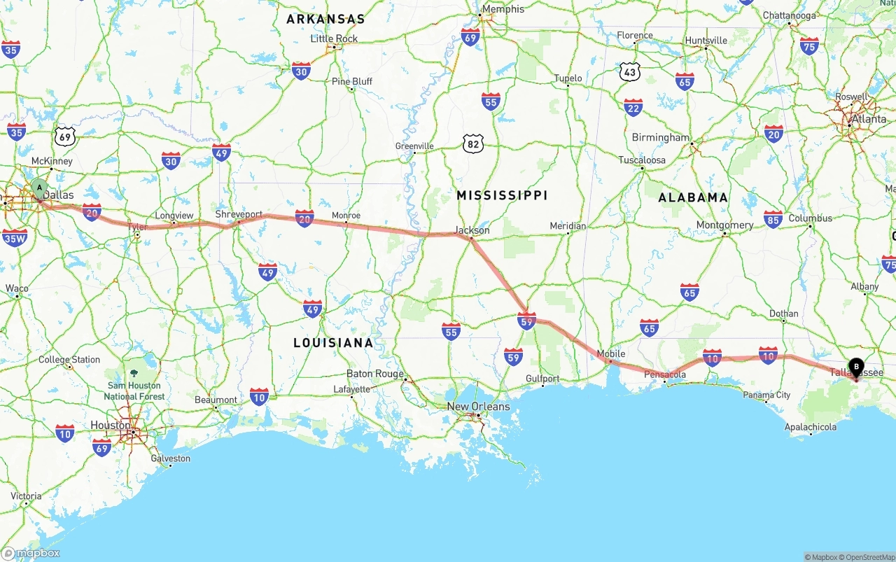 Shipping route from Dallas to Tallahassee