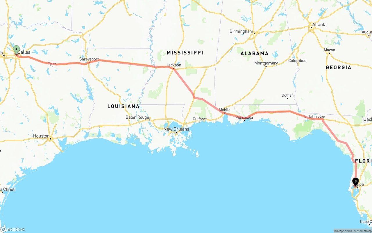 Shipping route from Dallas to Tampa International Airport