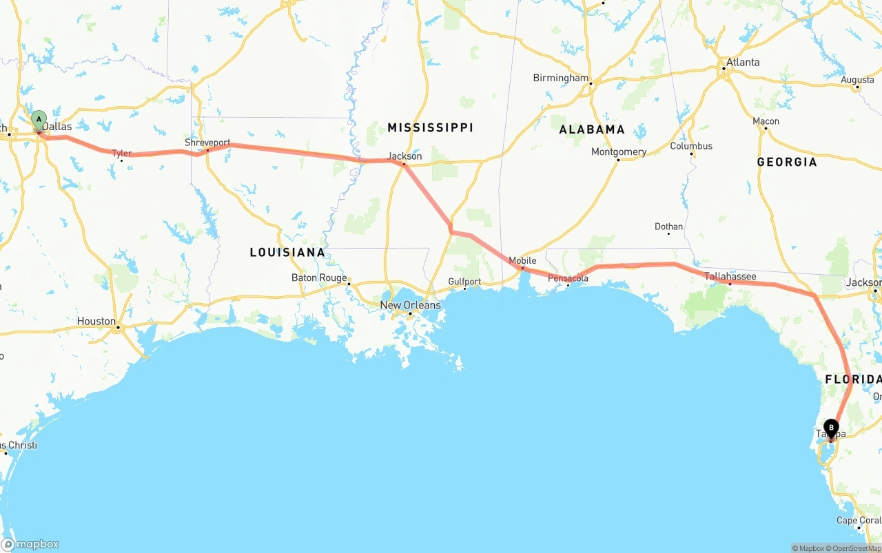 Shipping route from Dallas to Tampa