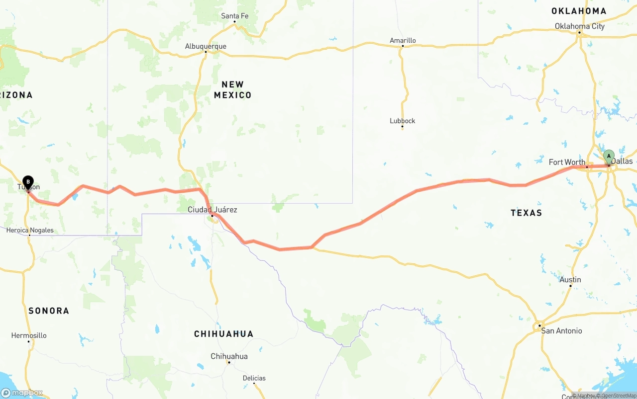 Shipping route from Dallas to Tucson