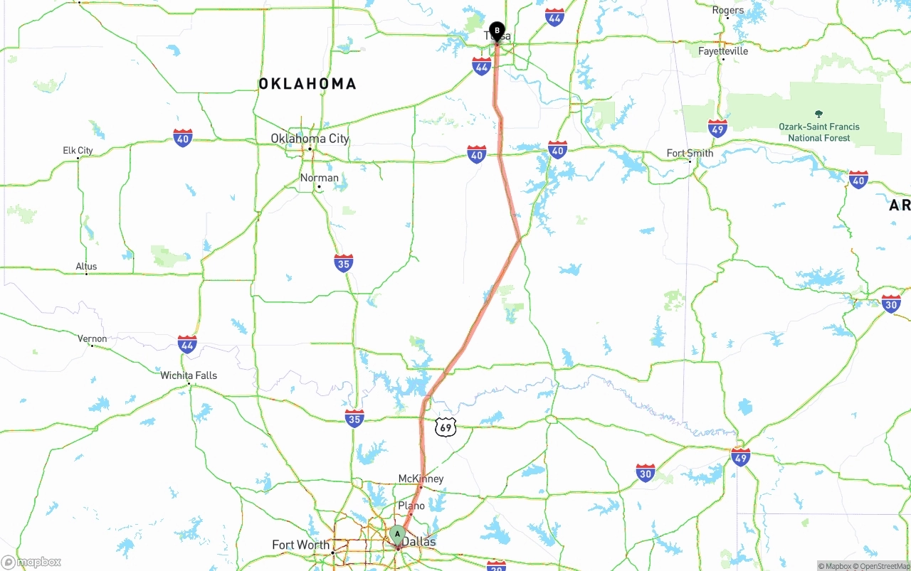 Shipping route from Dallas to Tulsa