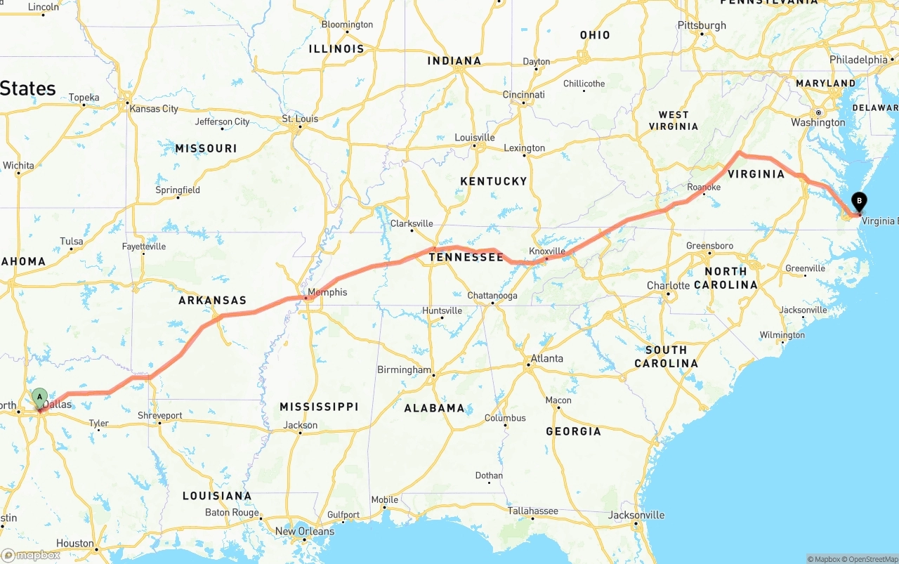 Shipping route from Dallas to Virginia Beach