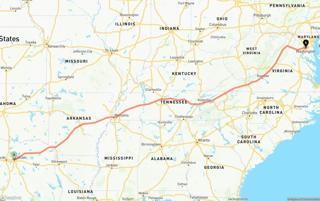 Shipping route from Dallas to Washington D.C.