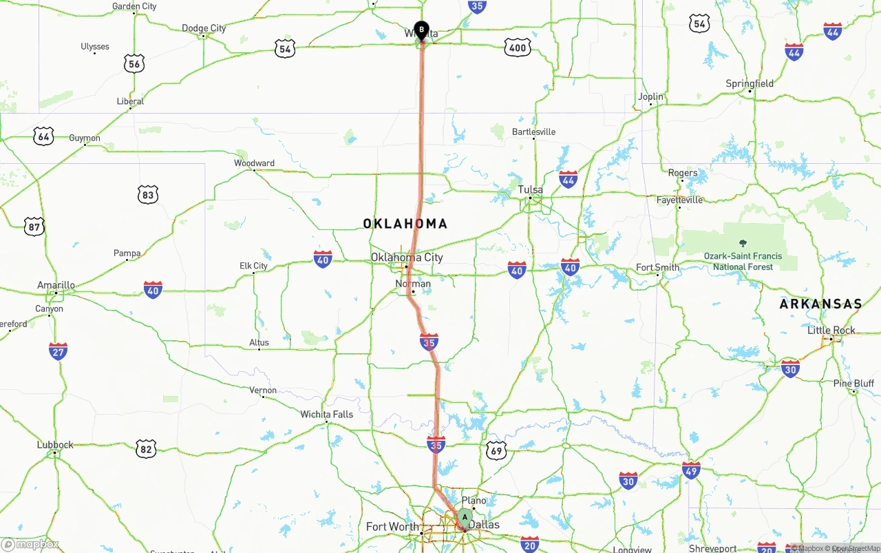 Shipping route from Dallas to Wichita