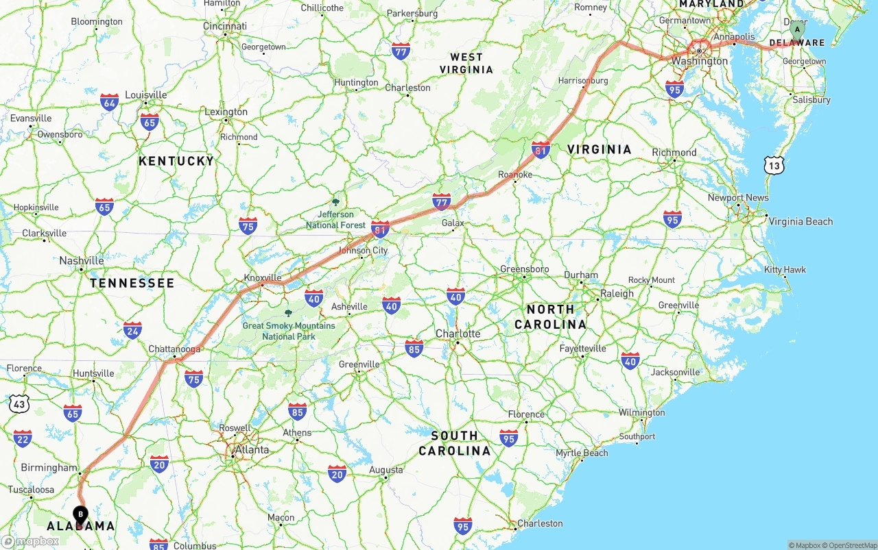 Shipping route from Delaware to Alabama