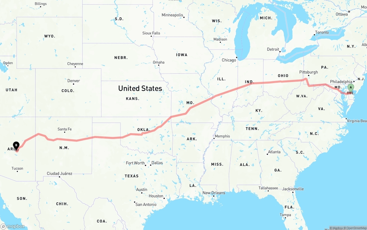 Shipping route from Delaware to Arizona