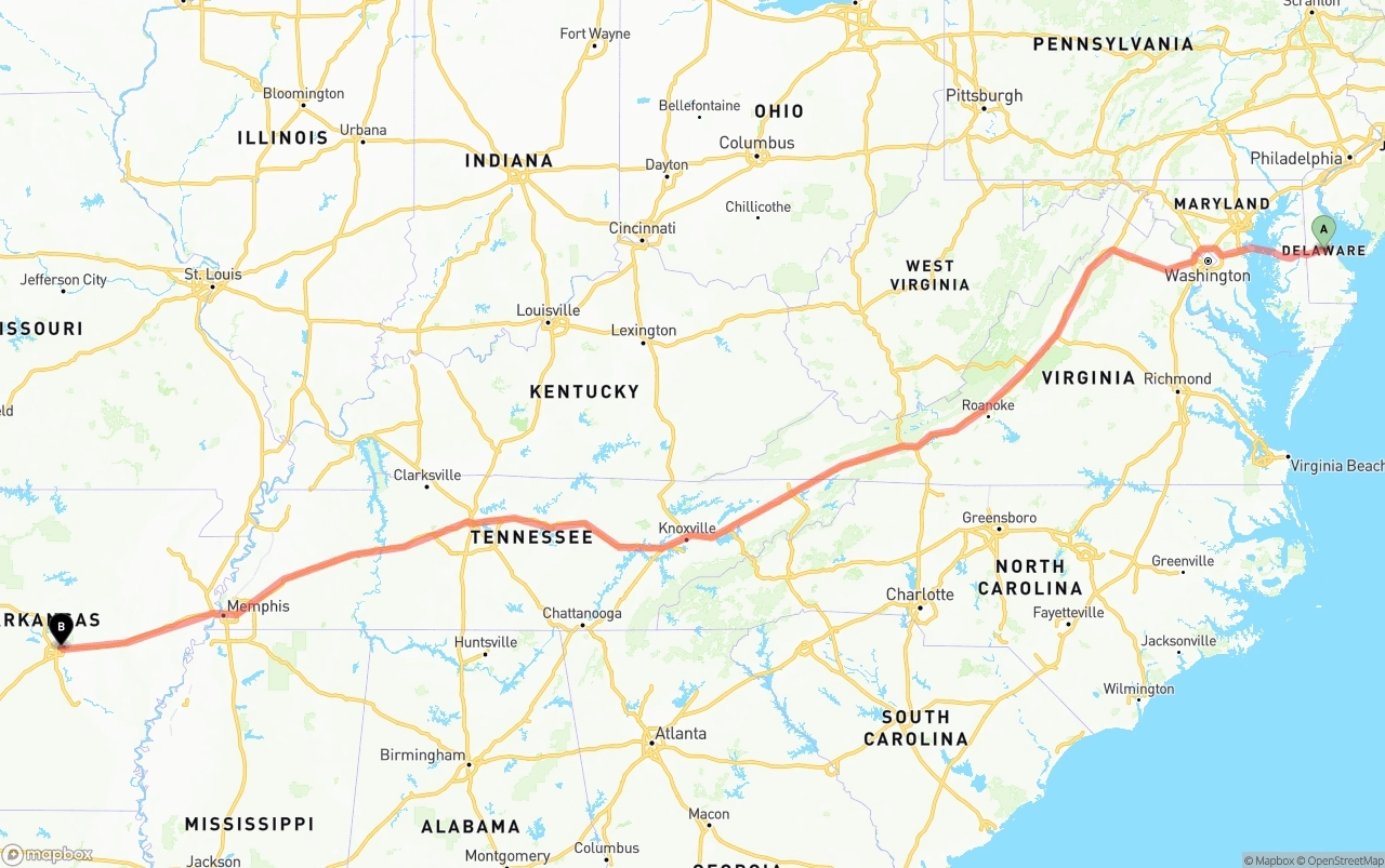 Shipping route from Delaware to Arkansas