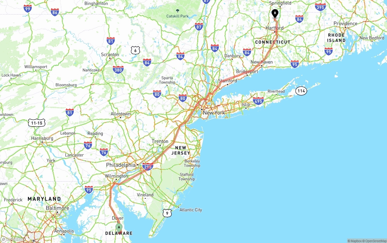 Shipping route from Delaware to Bradley International Airport