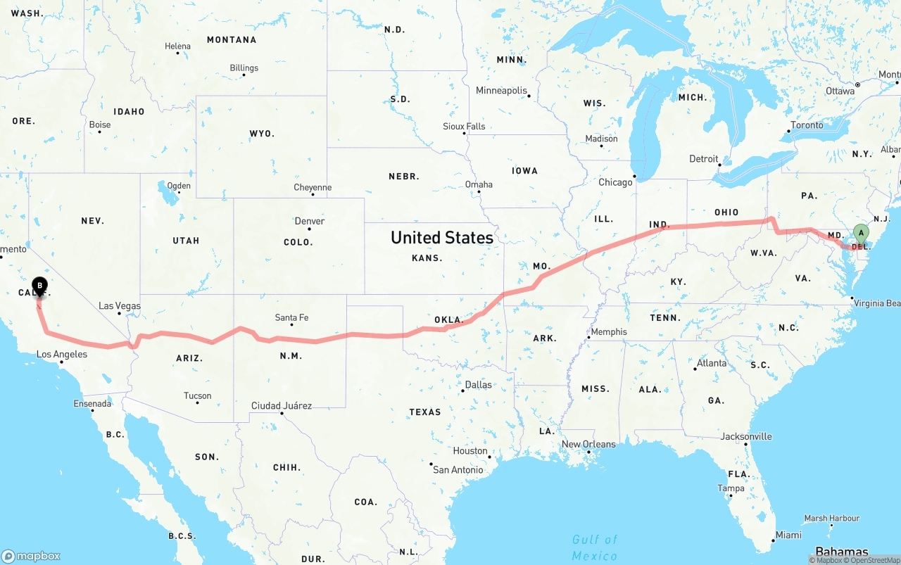 Shipping route from Delaware to California