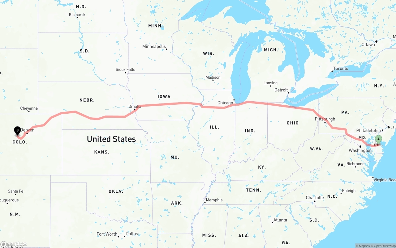Shipping route from Delaware to Colorado