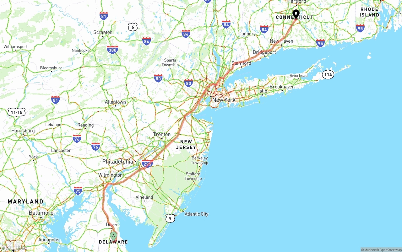 Shipping route from Delaware to Connecticut