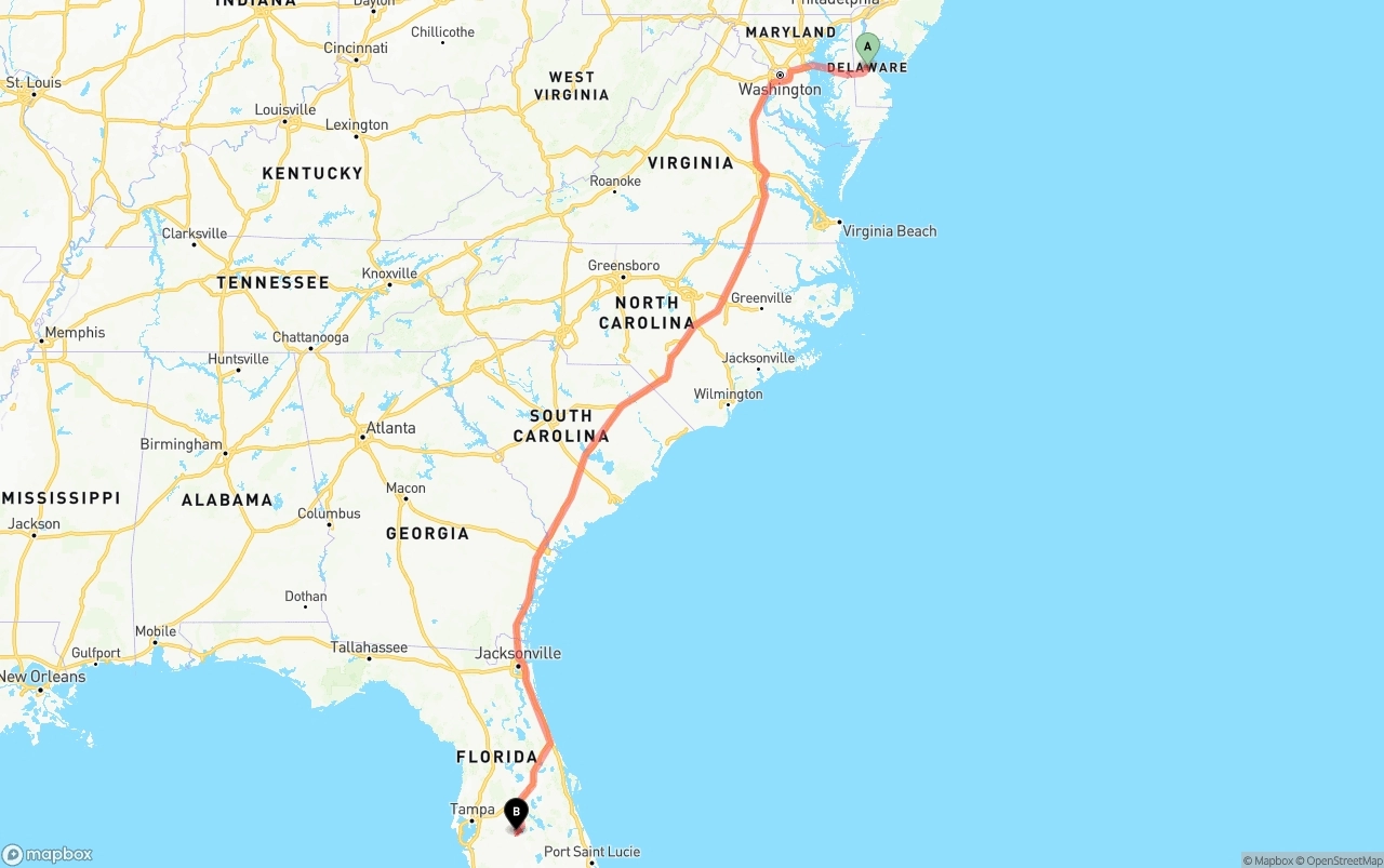 Shipping route from Delaware to Florida