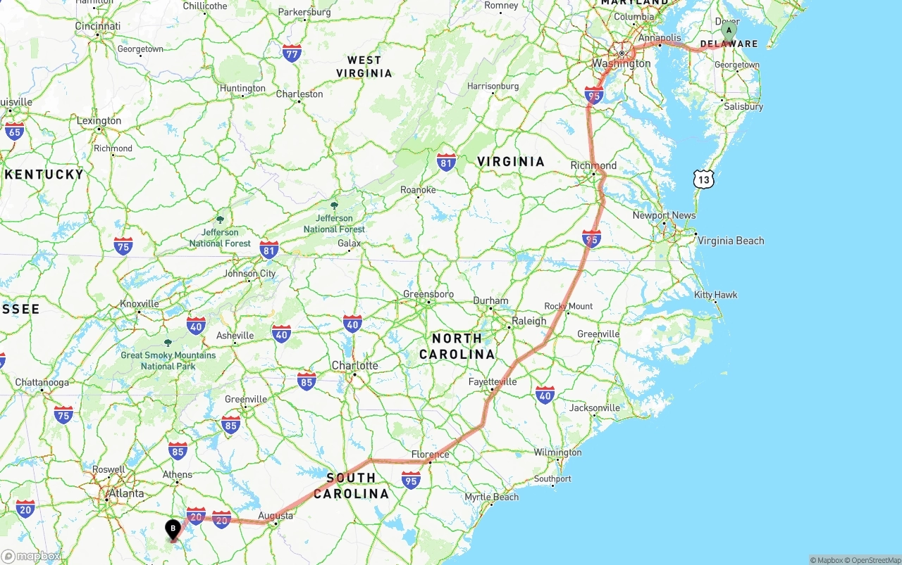Shipping route from Delaware to Georgia