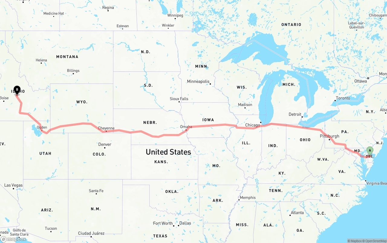 Shipping route from Delaware to Idaho