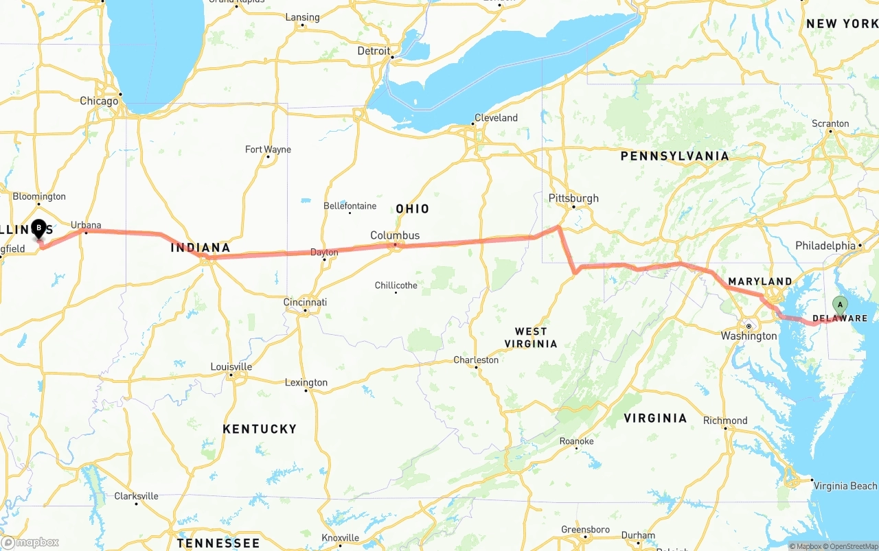Shipping route from Delaware to Illinois