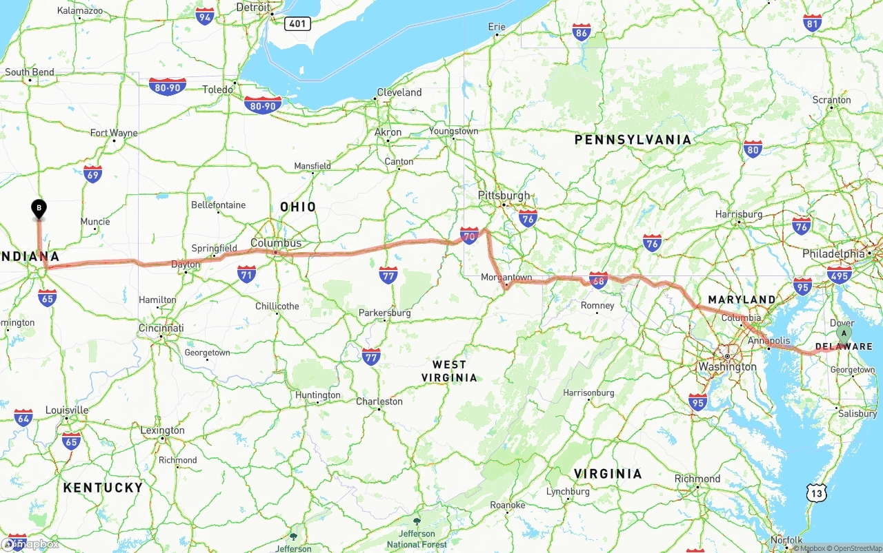 Shipping route from Delaware to Indiana