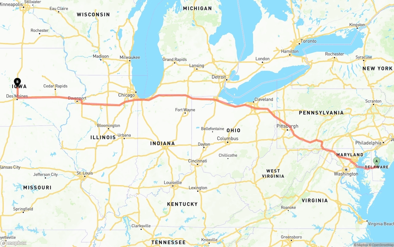 Shipping route from Delaware to Iowa