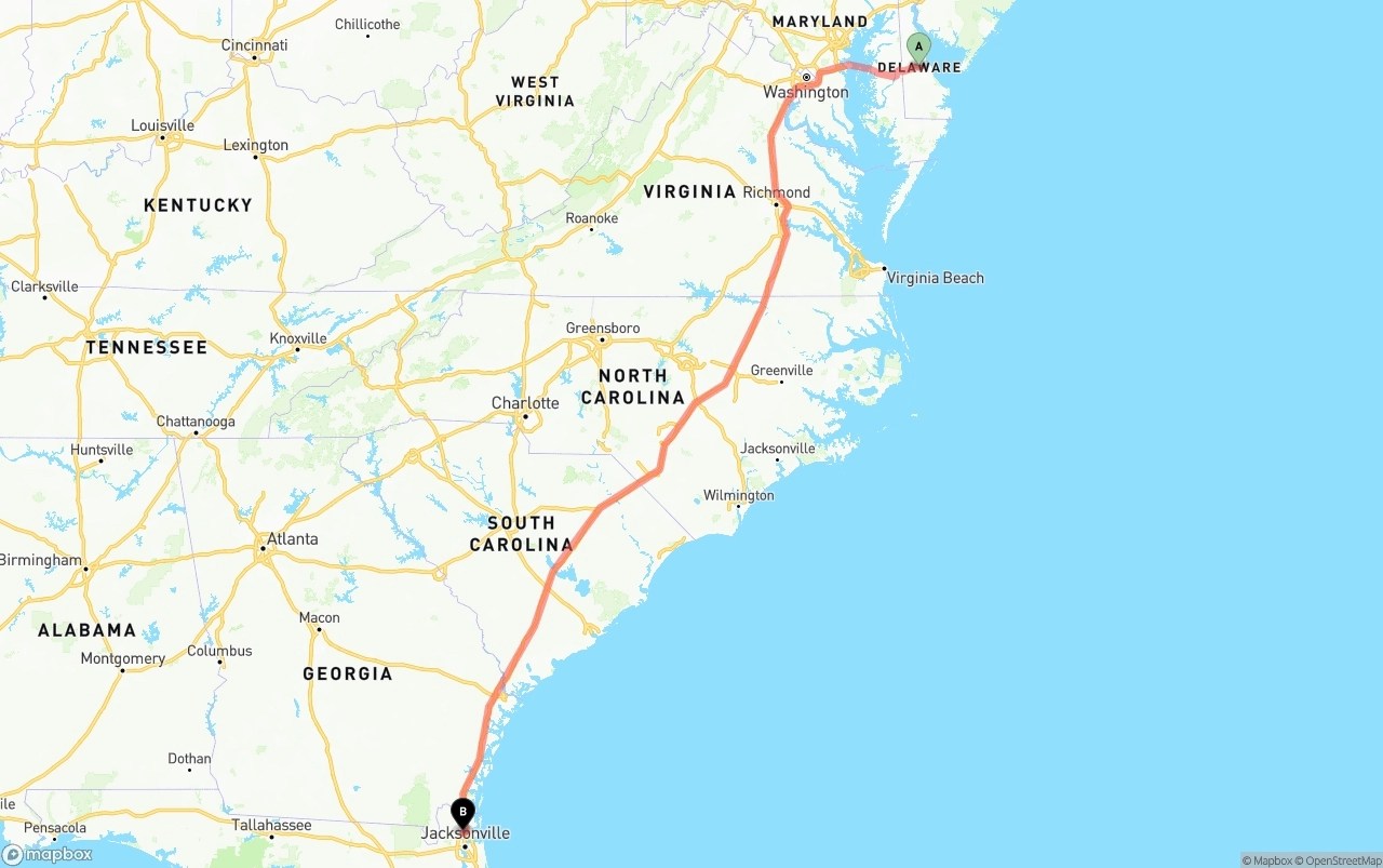 Shipping route from Delaware to Jacksonville International Airport