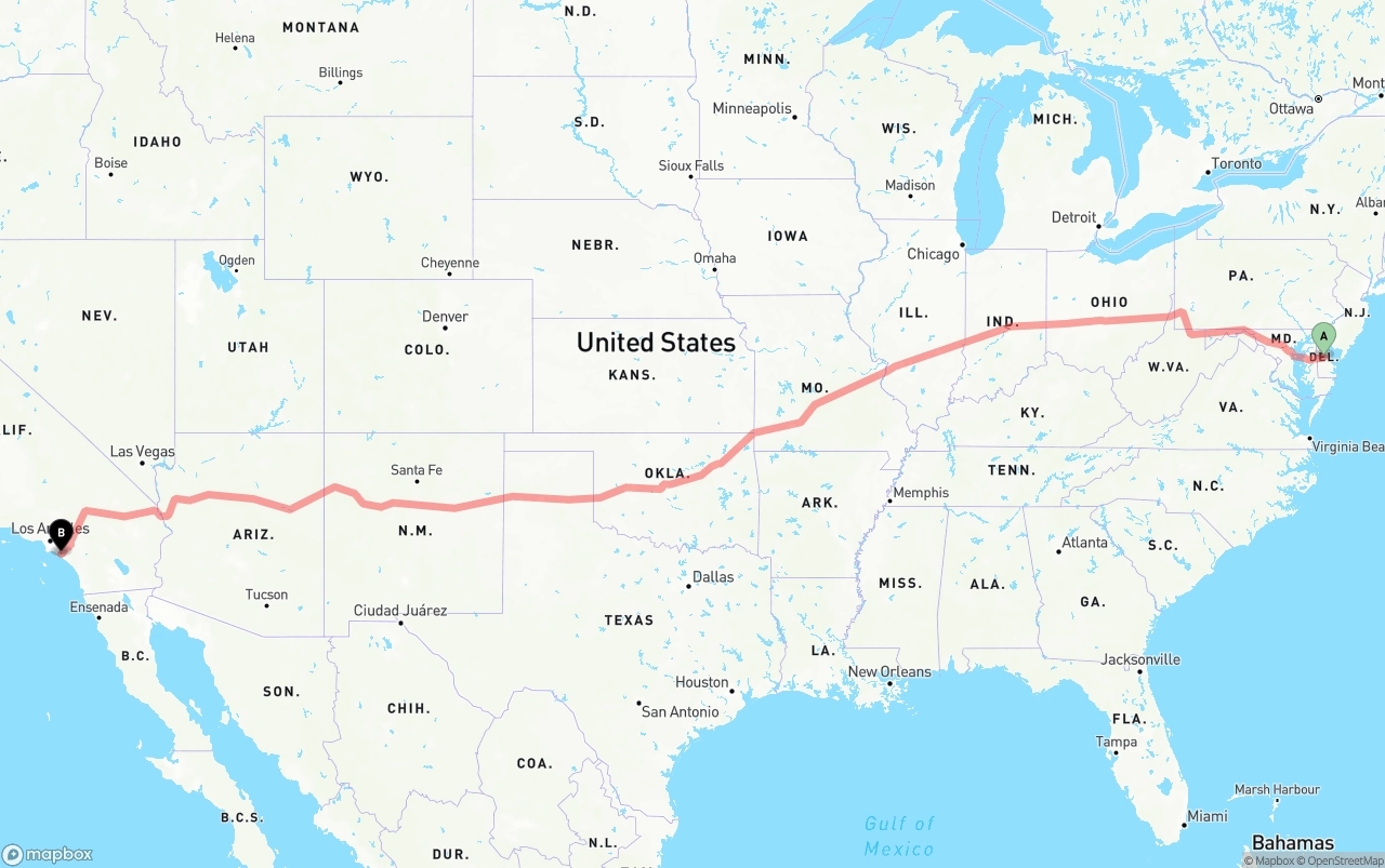 Shipping route from Delaware to John Wayne Airport — Orange County
