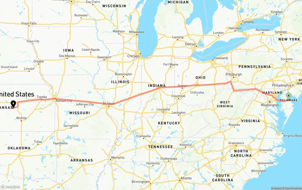 Shipping route from Delaware to Kansas