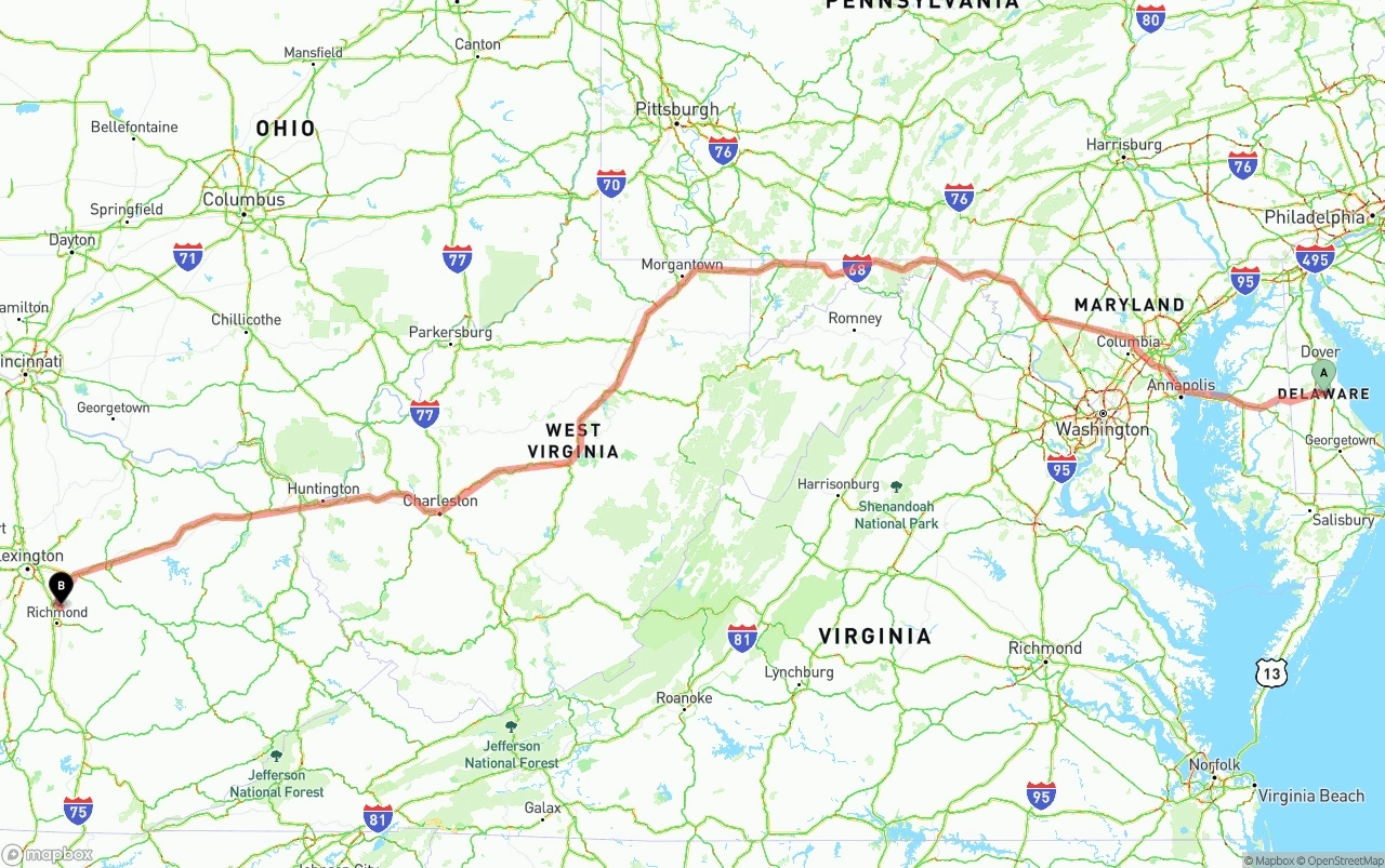 Shipping route from Delaware to Kentucky