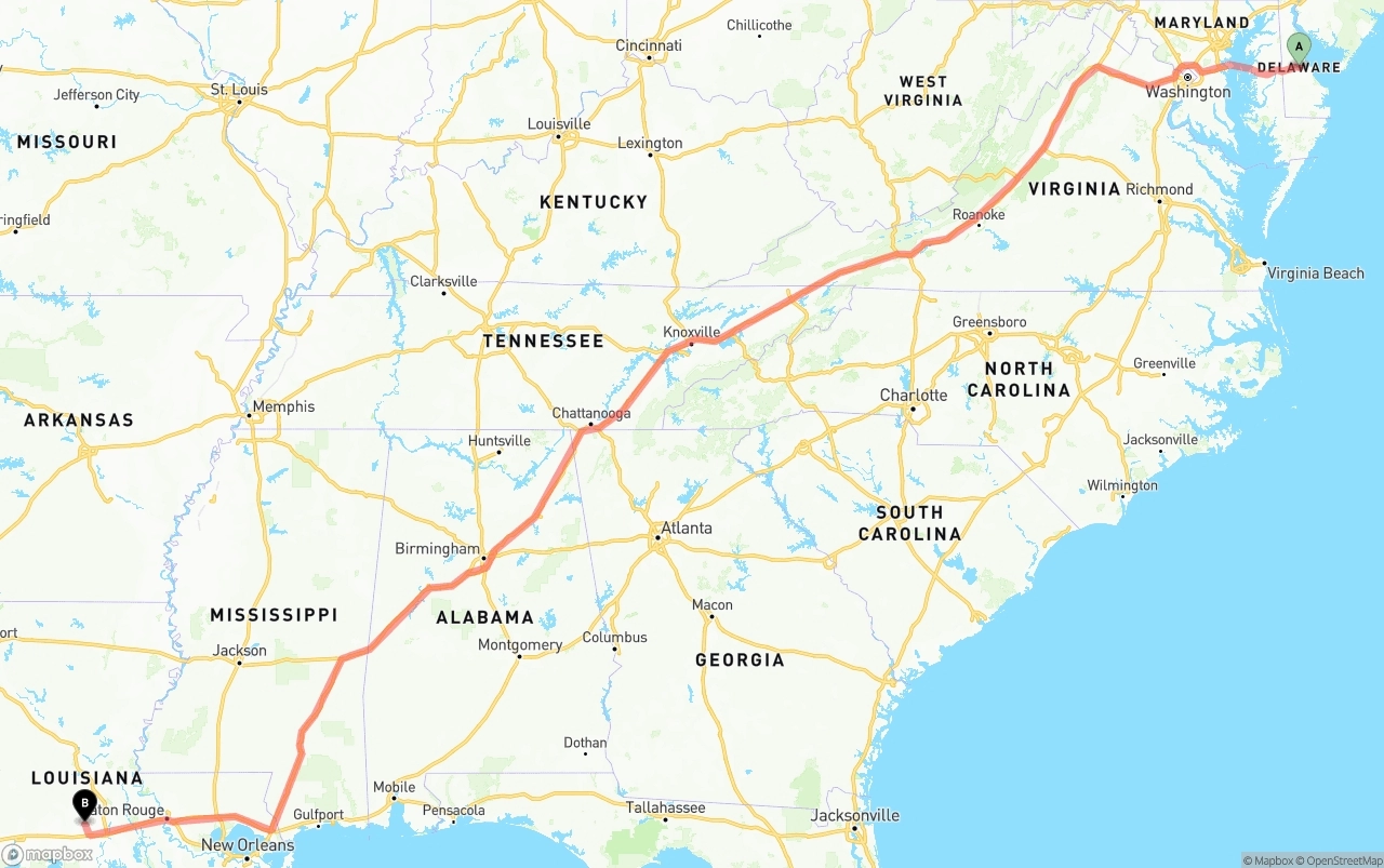 Shipping route from Delaware to Louisiana