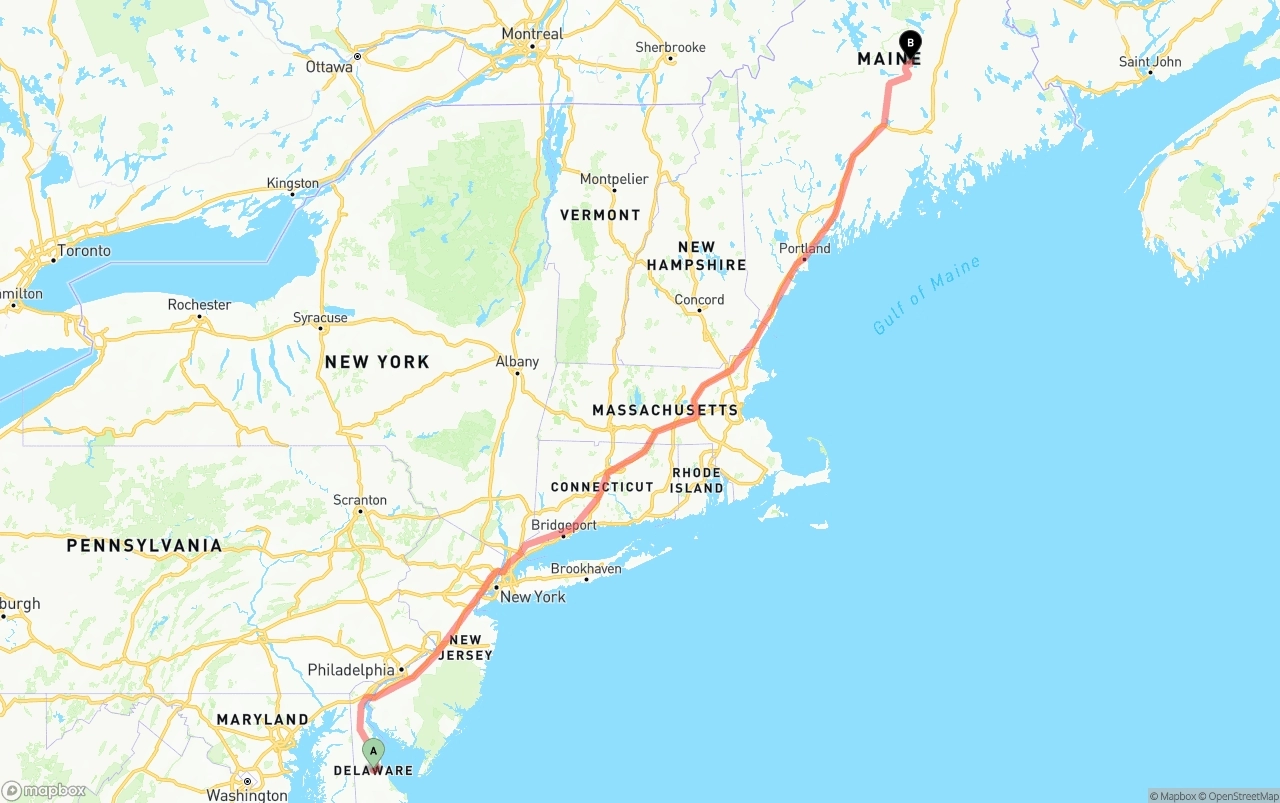 Shipping route from Delaware to Maine