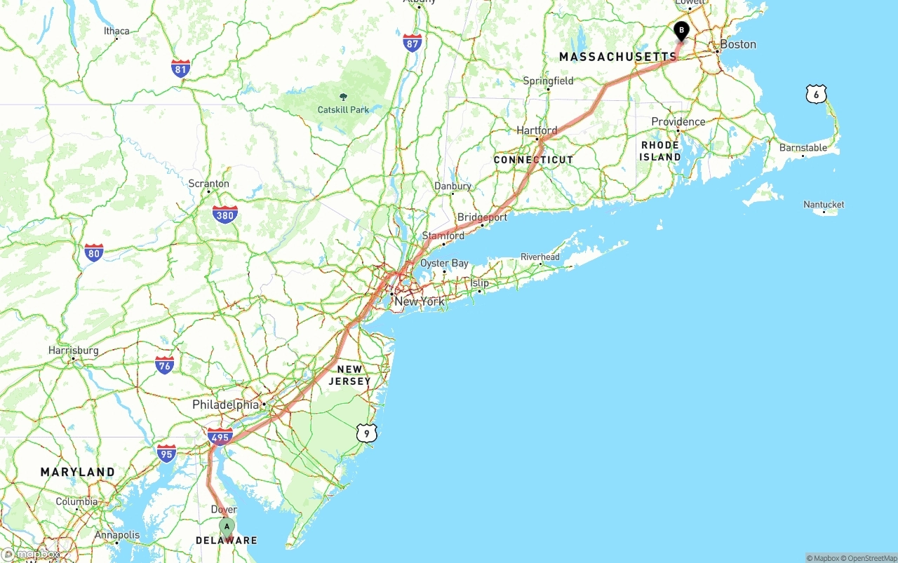 Shipping route from Delaware to Massachusetts