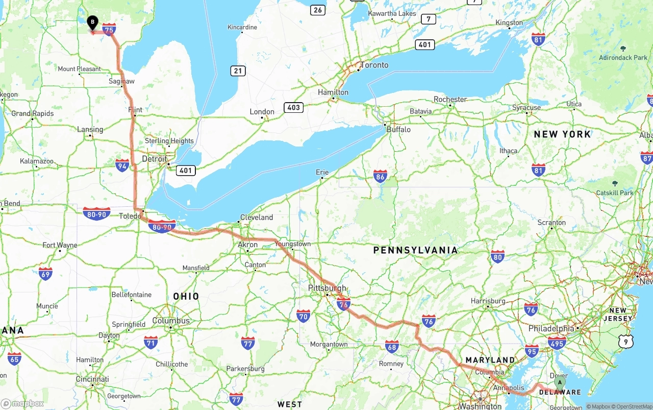 Shipping route from Delaware to Michigan
