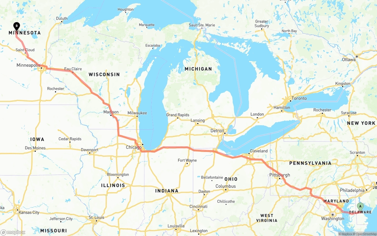 Shipping route from Delaware to Minnesota