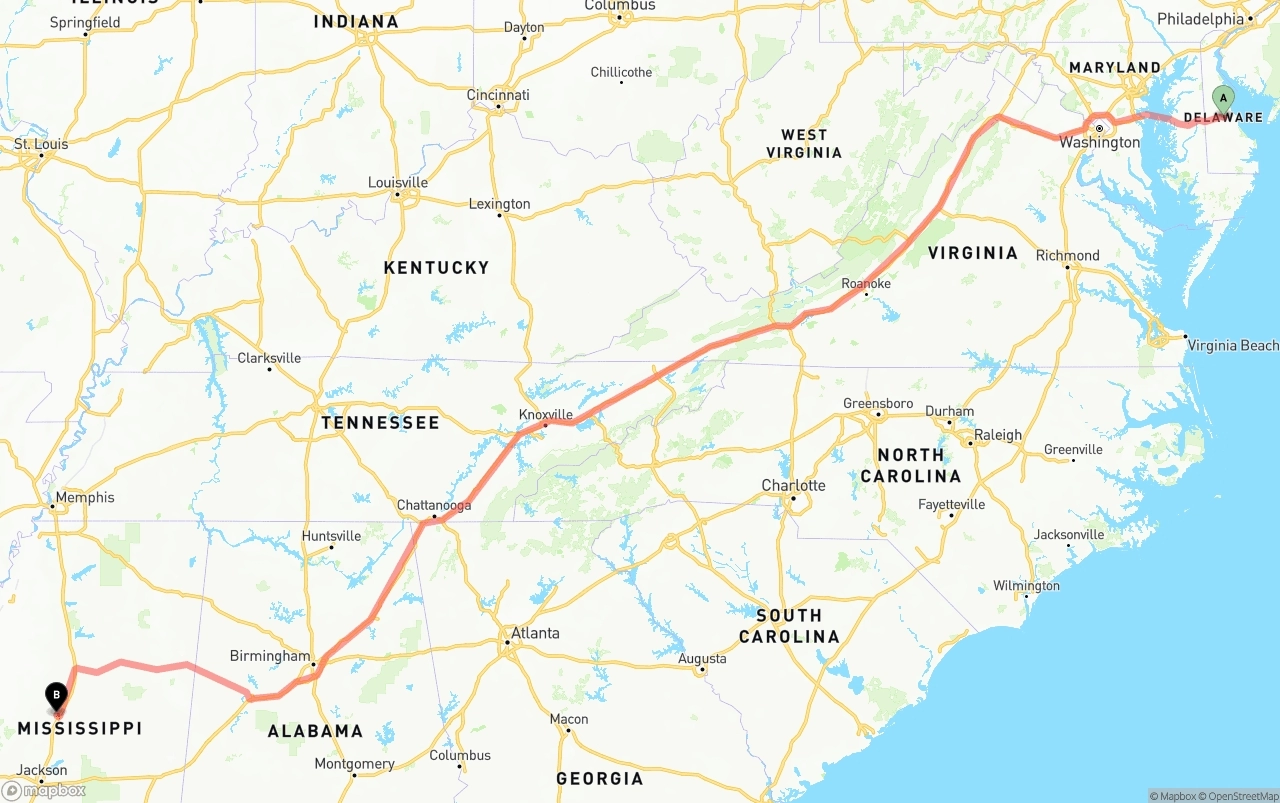 Shipping route from Delaware to Mississippi