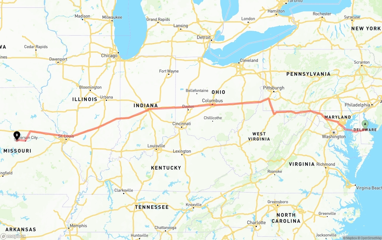 Shipping route from Delaware to Missouri