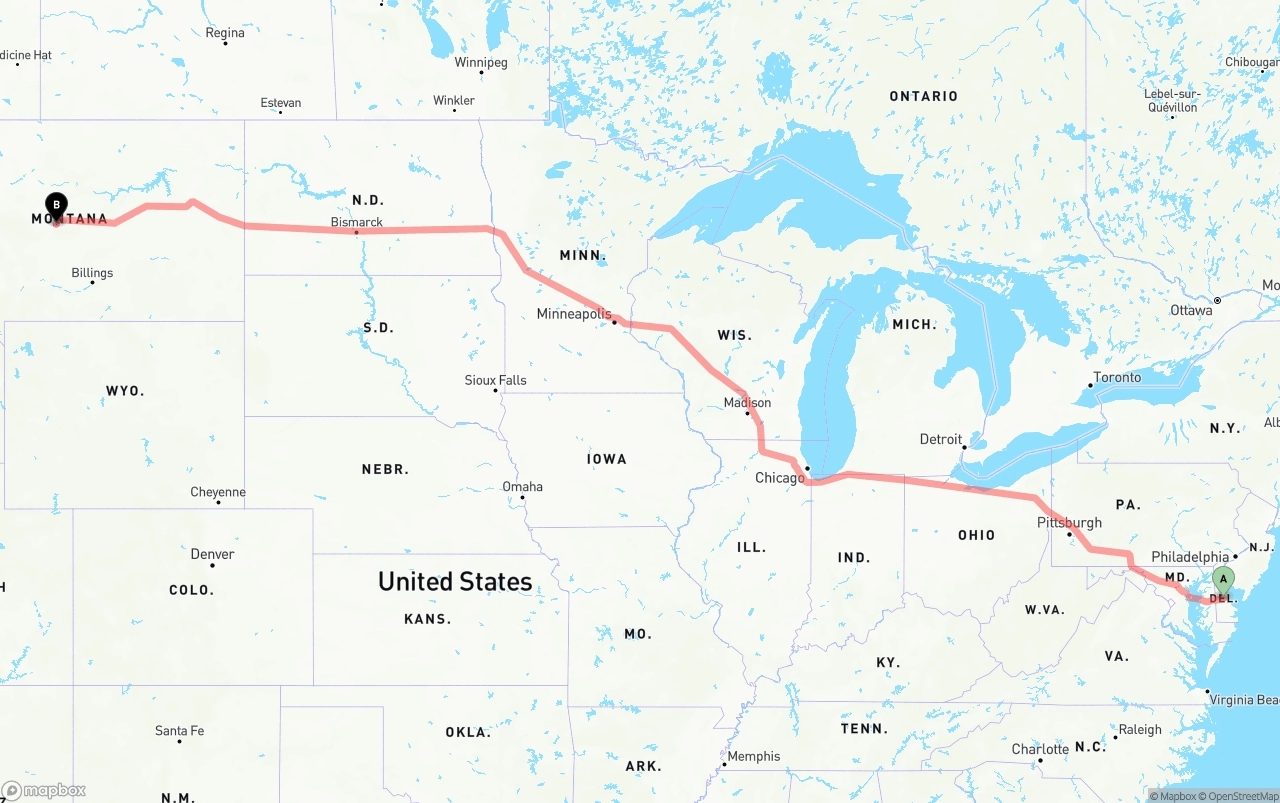 Shipping route from Delaware to Montana