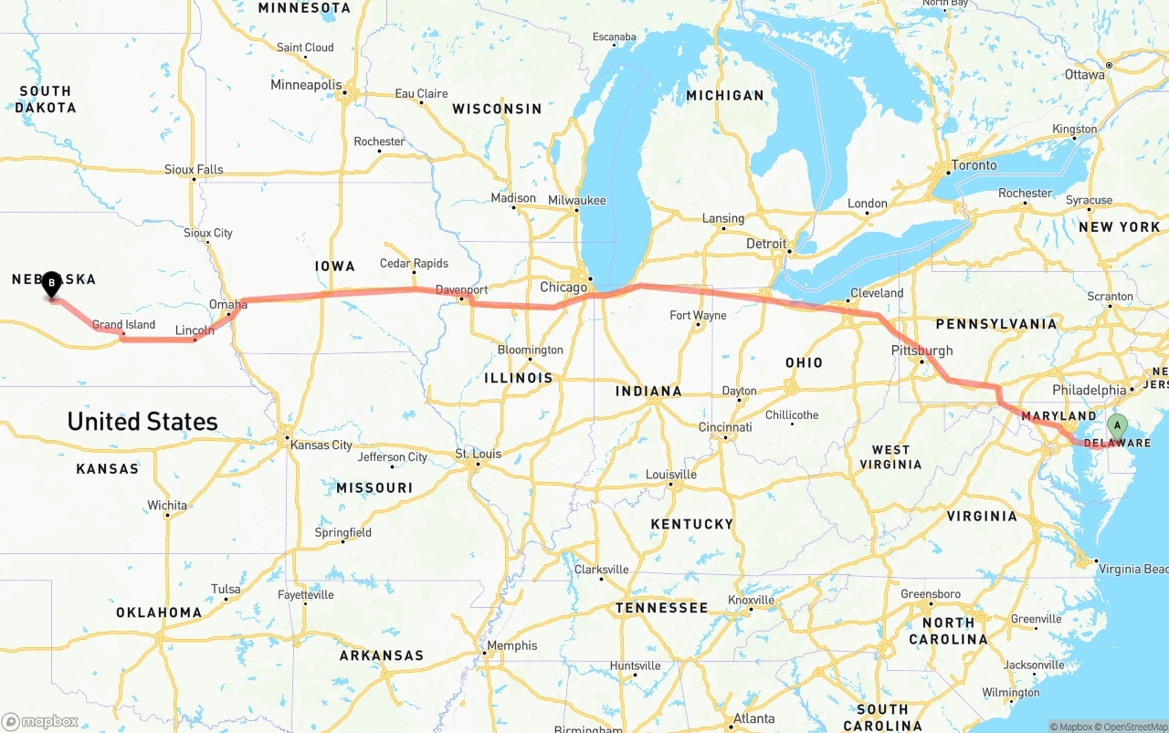 Shipping route from Delaware to Nebraska