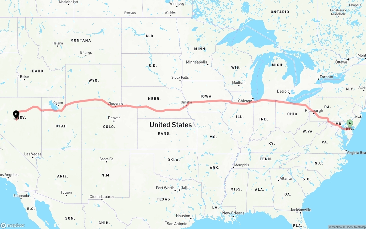 Shipping route from Delaware to Nevada