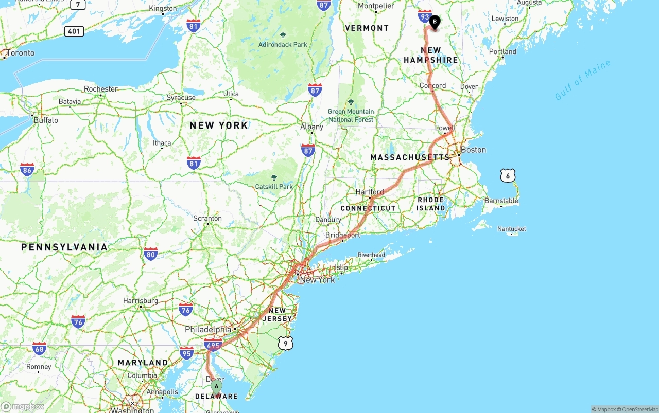 Shipping route from Delaware to New Hampshire
