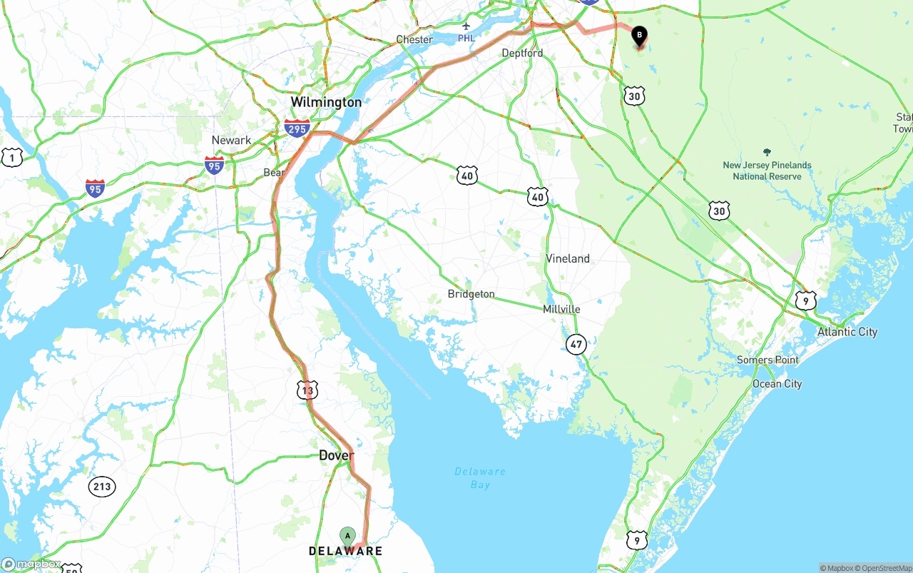 Shipping route from Delaware to New Jersey