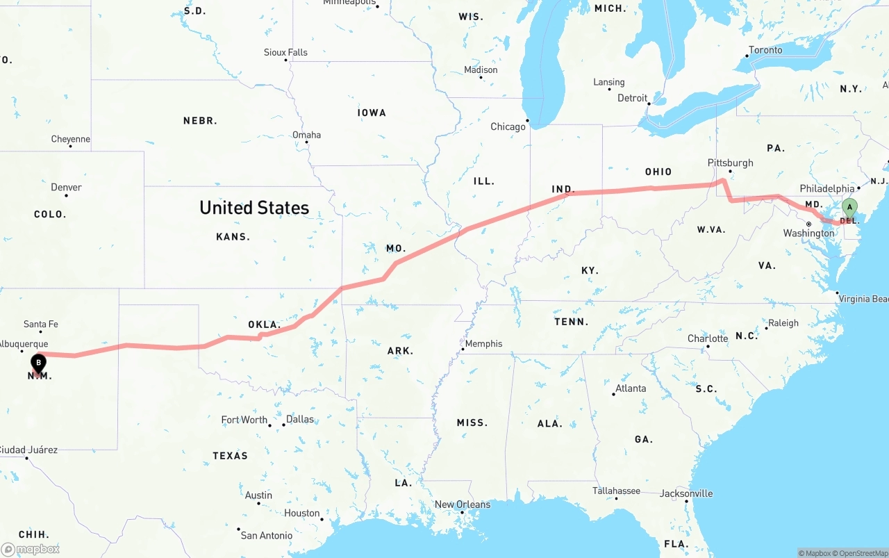 Shipping route from Delaware to New Mexico
