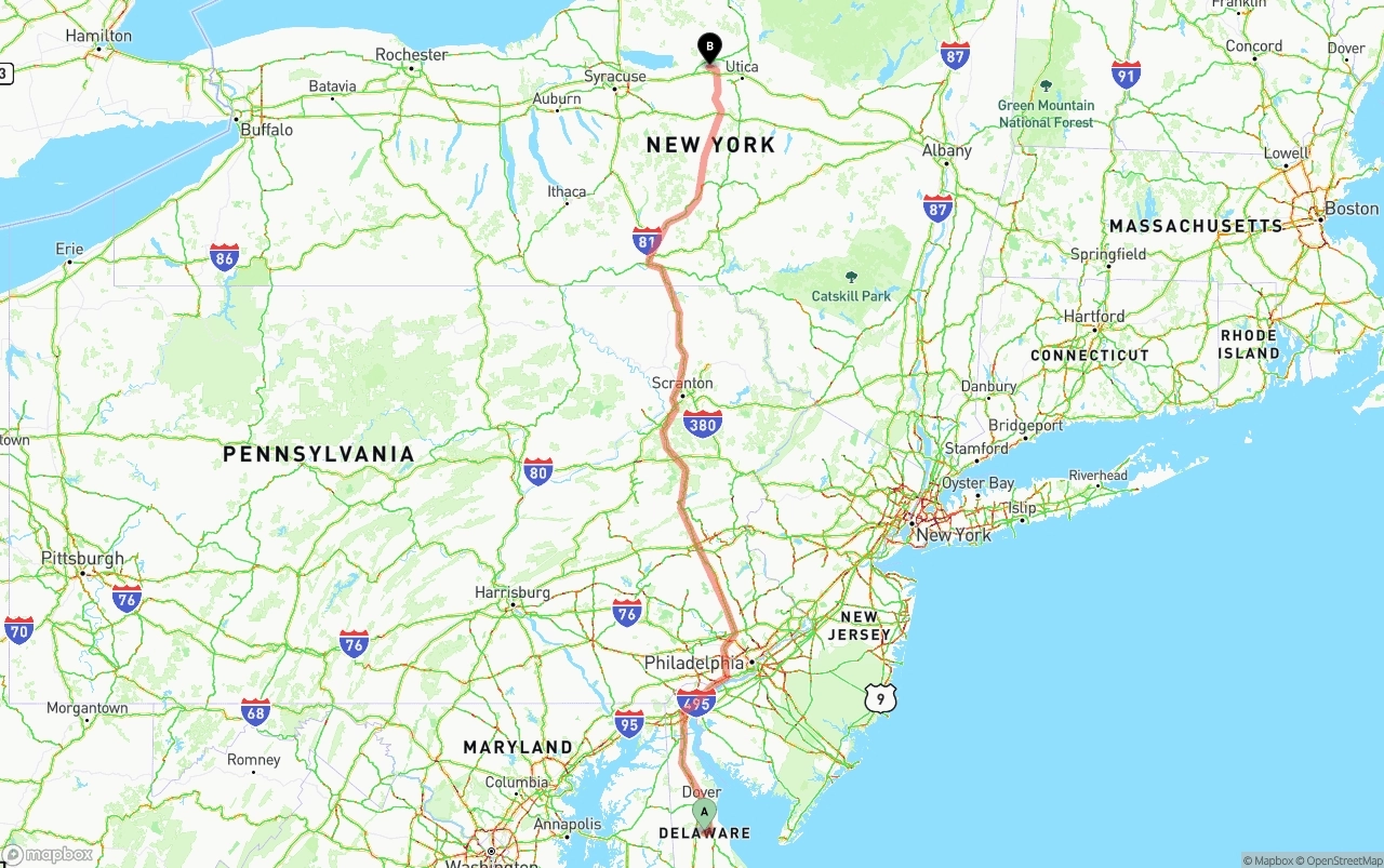 Shipping route from Delaware to New York