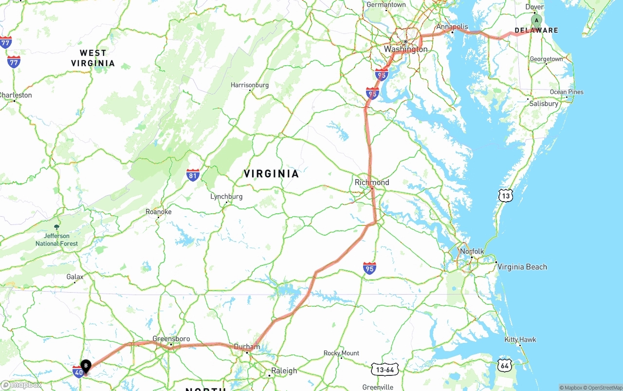 Shipping route from Delaware to North Carolina