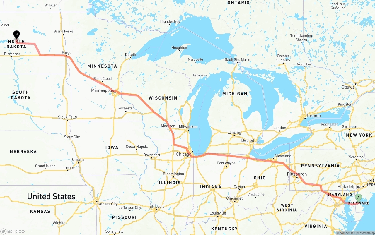 Shipping route from Delaware to North Dakota