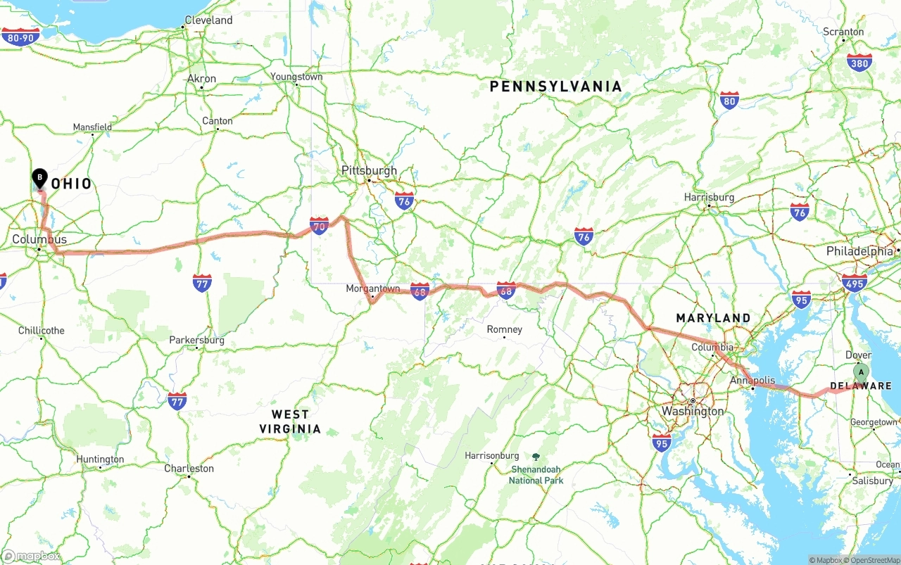 Shipping route from Delaware to Ohio