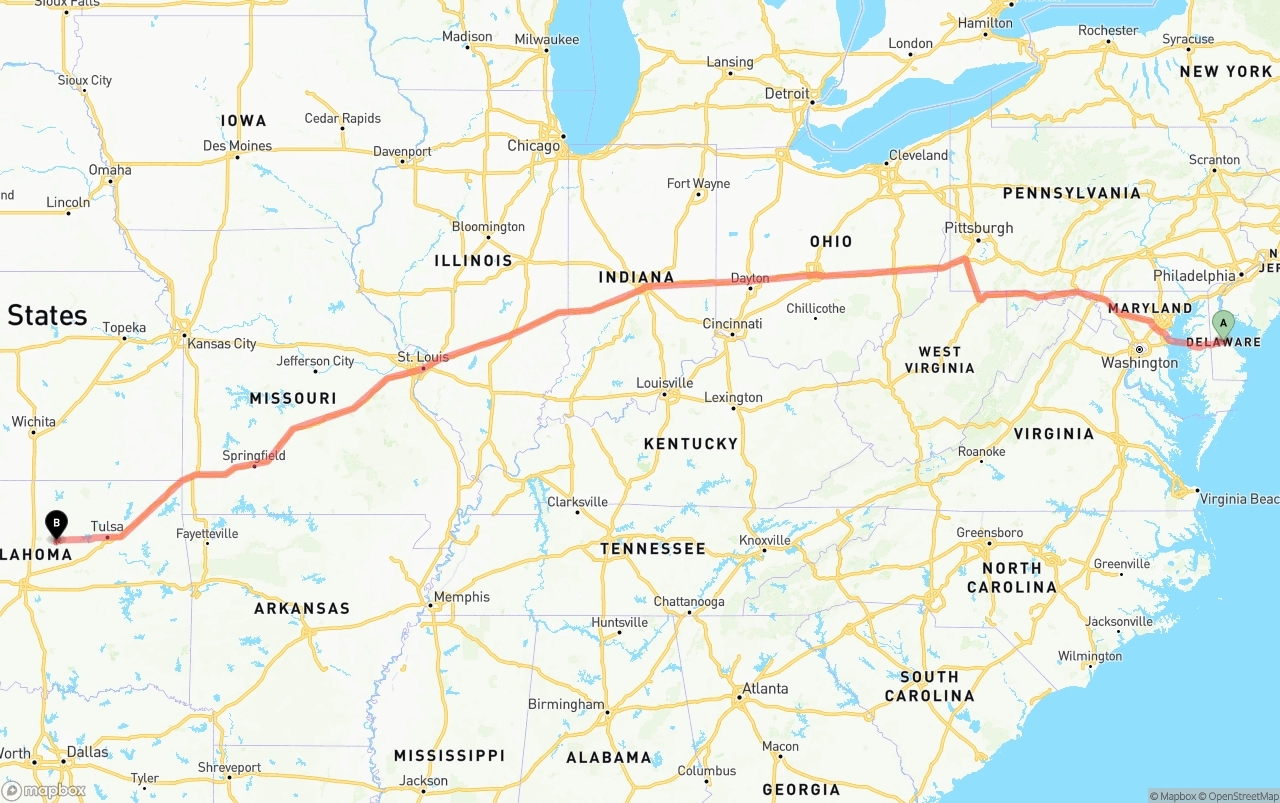 Shipping route from Delaware to Oklahoma