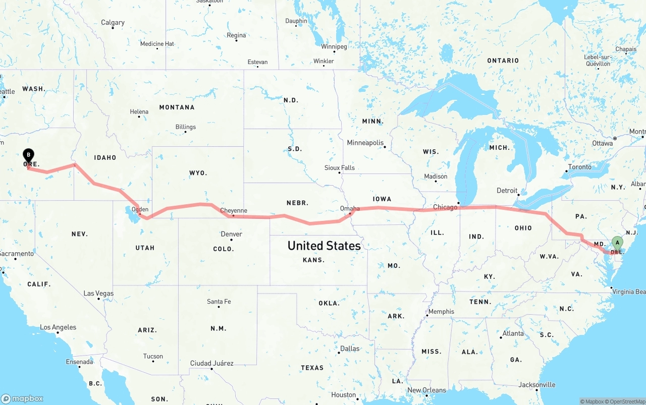 Shipping route from Delaware to Oregon