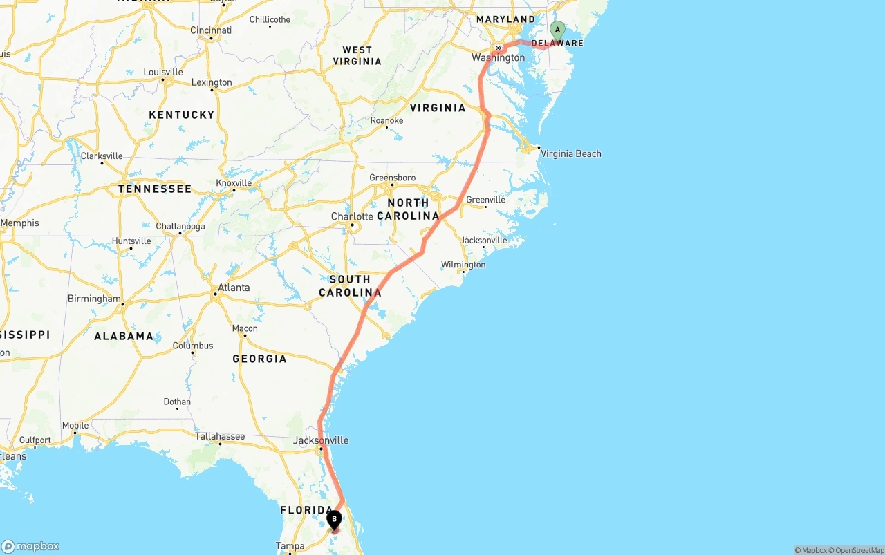 Shipping route from Delaware to Orlando International Airport