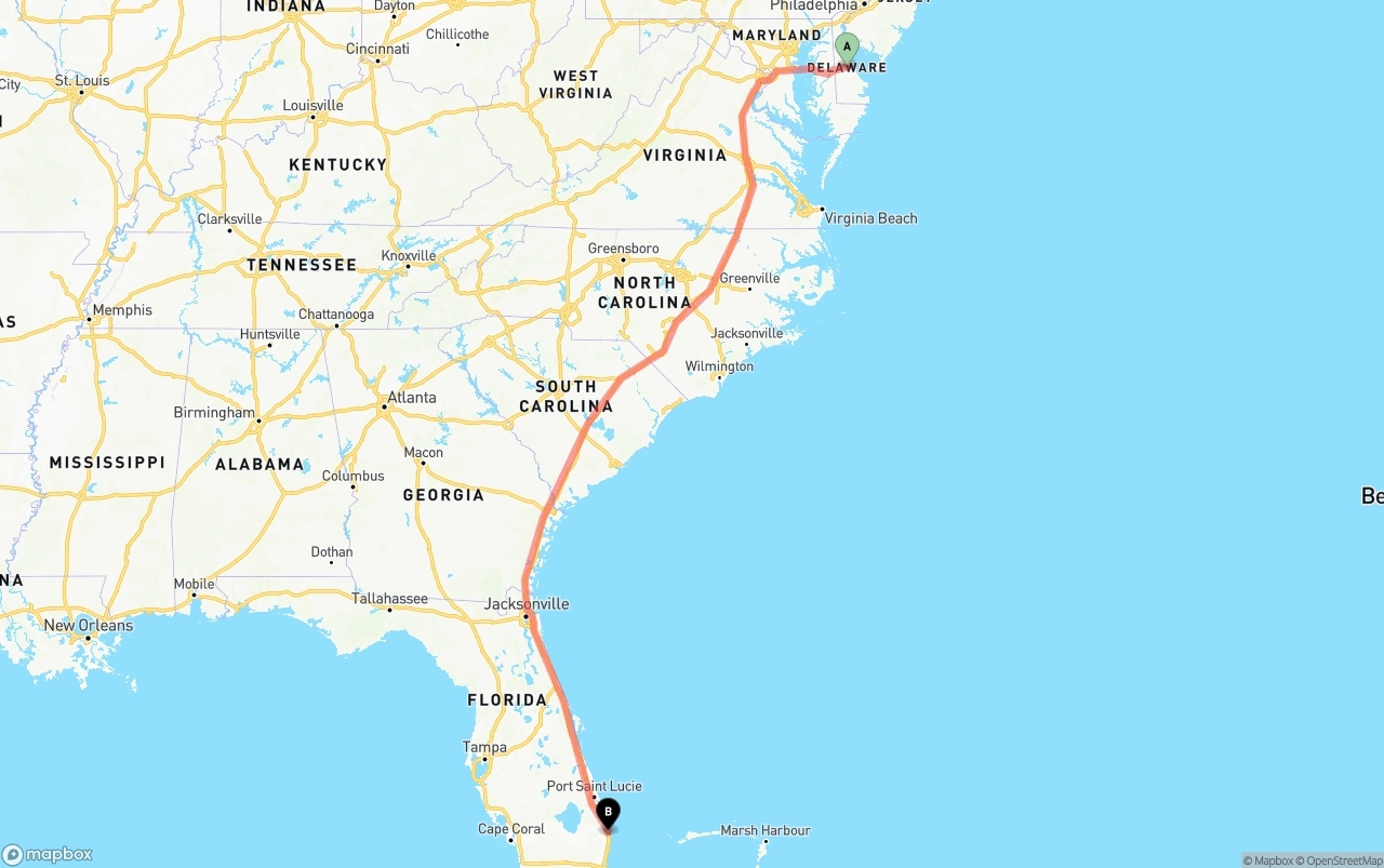 Shipping route from Delaware to Palm Beach International Airport